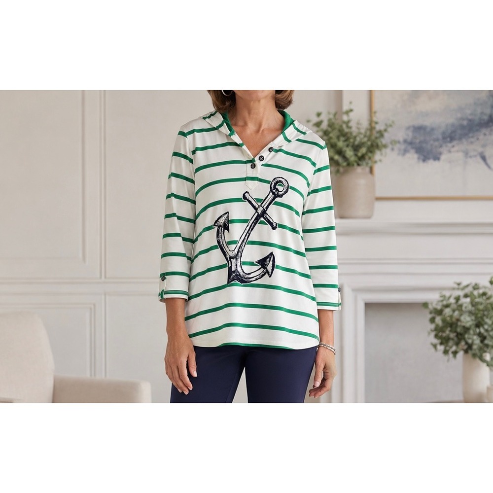 Susan Graver Green White Striped Anchor Graphic Henley Hoodie Top Womens Large